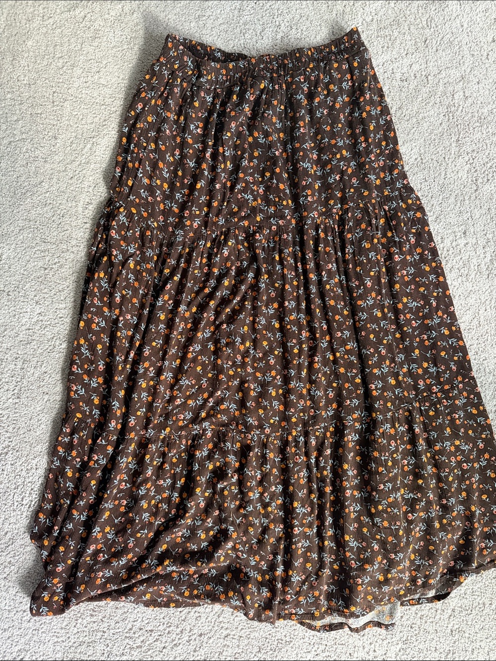 Japna Brown Floral Tiered Maxi Skirt with Orange and Blue Sprigs